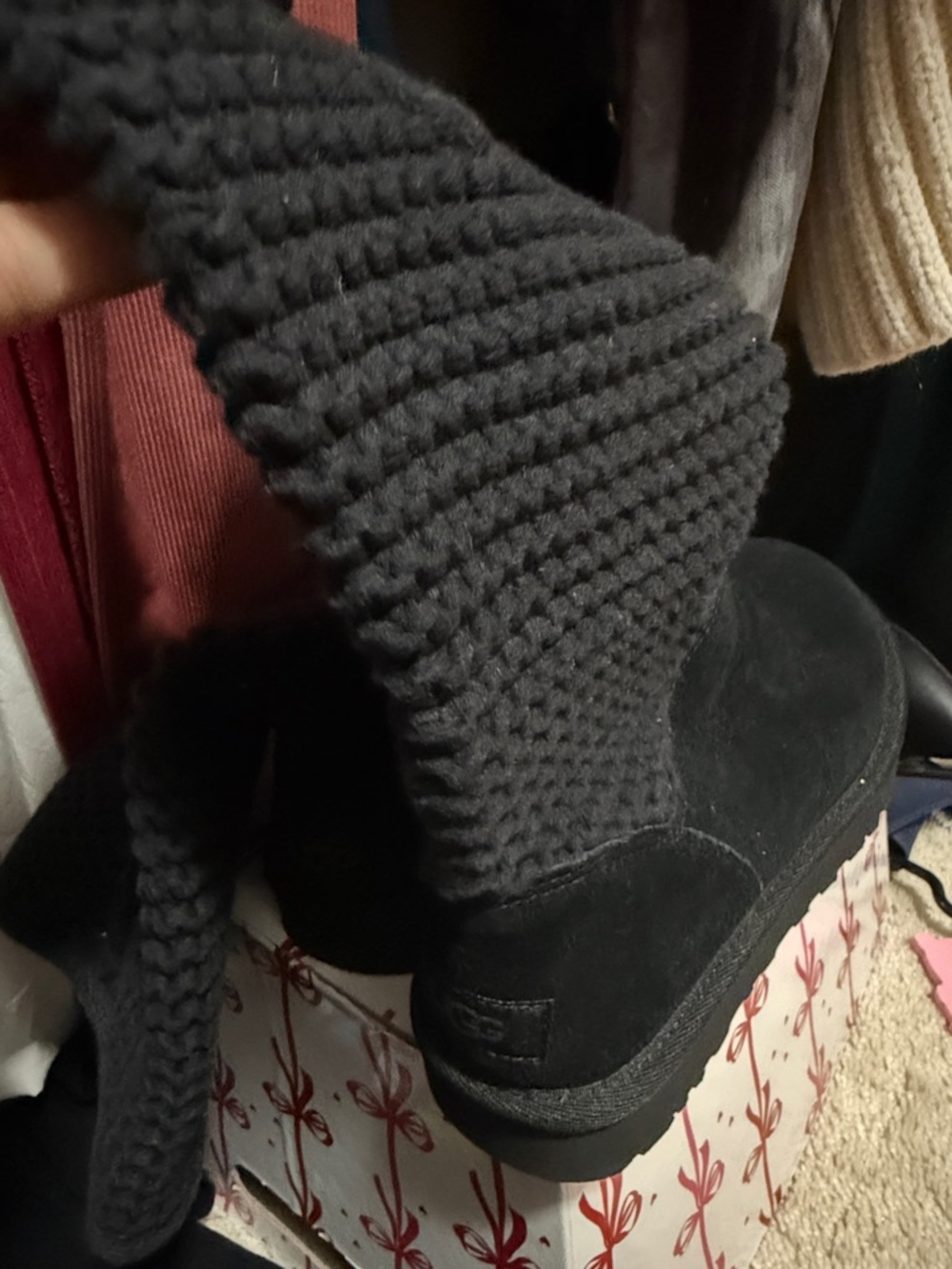 UGG Black Suede Ankle Booties with Knit Collar